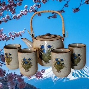 Vintage Floral Teapot and Mug Set with Bamboo Handle